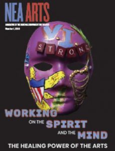 Cover of the NEA Arts Magazine with purple mask and title "Working on the Spirit and the Mind: The Healing Power of the Arts"