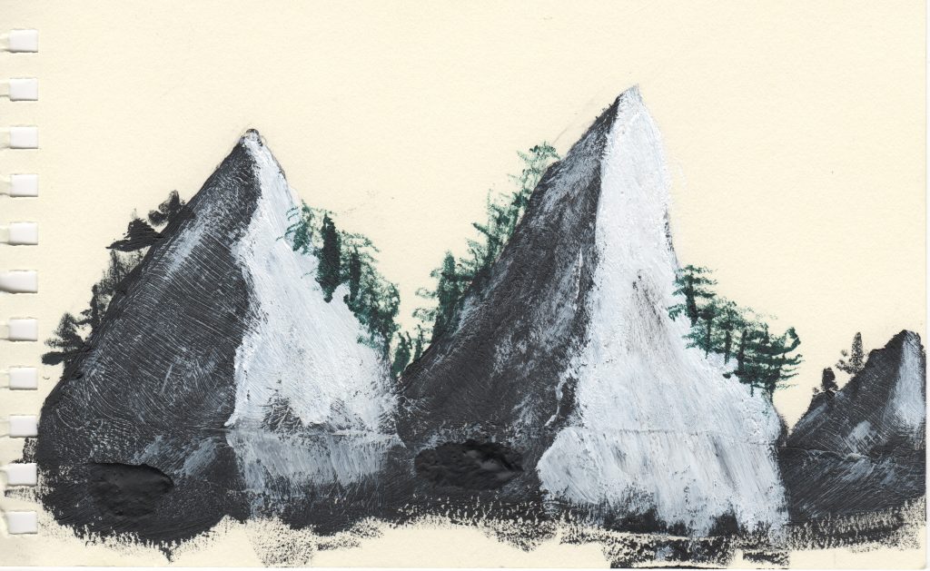"Cold Mountain" a painting done in acrylic and conductive paint by Valder, a Snow City Arts student, shows three grey mountains with green trees on top